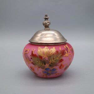 Vintage Pink Satin Glass Dresser Jar Hand Painted Enamel Flowers Gilt Decor